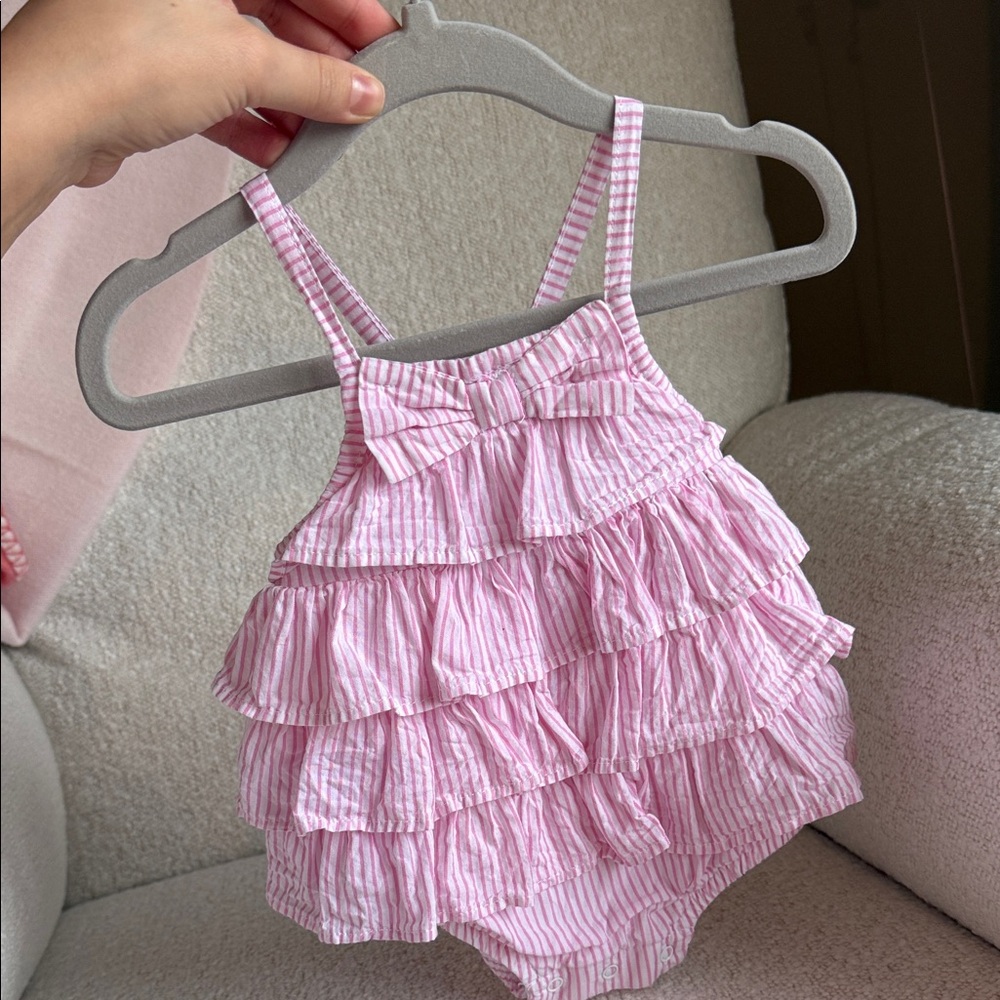 Little Me Pink Striped Ruffle Baby Romper